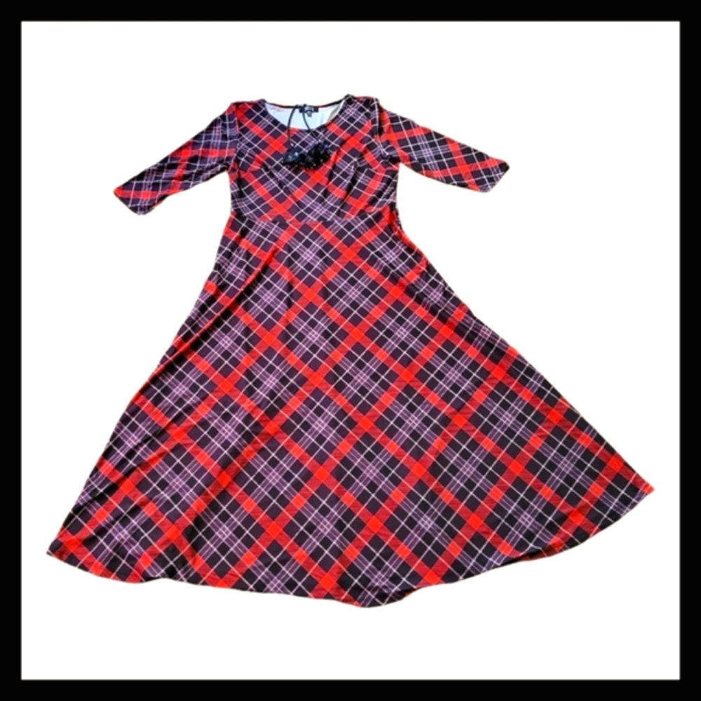 LBisse Tartan Fit & Flare Navy Blue Red Stretchy Comfort L